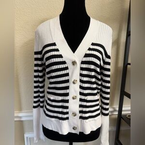 LOFT Black and White Striped Cardigan